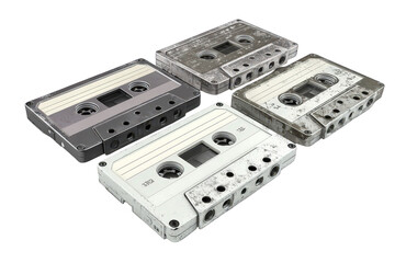 Obraz premium Assorted Gray and White Audio Cassettes on Transparent Background Vintage Media Tapes Collection Analog Music Recording Devices Retro Technology Concept Sound Carriers Black Background