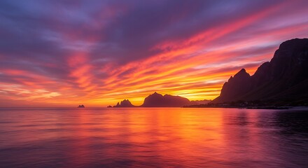 Vibrant sunset over ocean with mountain silhouettes reflecting in the water