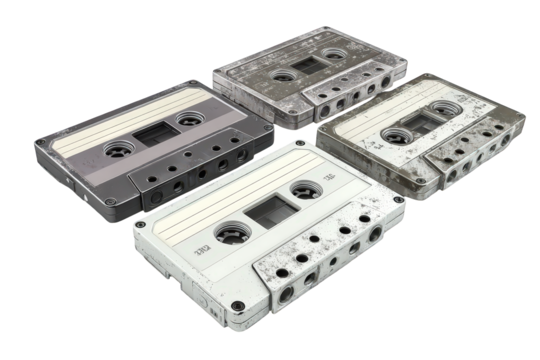 Assorted Gray and White Audio Cassettes on Transparent Background Vintage Media Tapes Collection Analog Music Recording Devices Retro Technology Concept Sound Carriers Black Background
