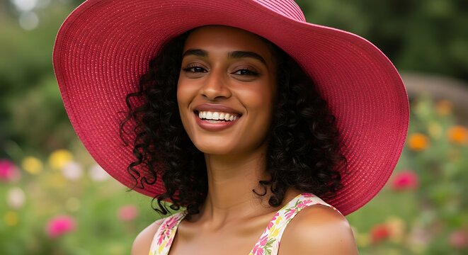 Woman in a wide brimmed pink hat smiles in a garden scene