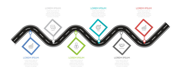 Roadmap Infographic Design with 6 Steps. Business Strategy Infographic Design. Timeline Infographic with Road Path Vector illustration.