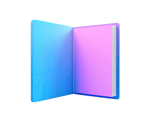 3D rendered, open book with gradient blue and pink pages against black