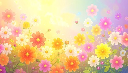 Colorful flower field bathed in sunlight