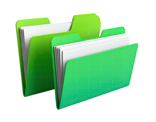 Two vivid green folders, open to display stacks of white documents, black bg