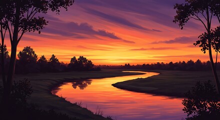 Vibrant sunset over river landscape with colorful sky and silhouette trees