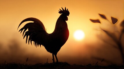 Sunrise Silhouette: A regal rooster, silhouetted against the warm glow of the morning sun, heralds the dawn with a proud stance, embodying the spirit of rural life.