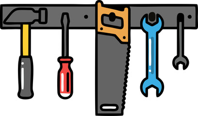 Fototapeta premium Vector Hand Tools Hanging on Wall – Hammer, Screwdriver, Saw, Wrench Illustration in Blue Workshop
