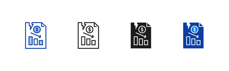 Bankruptcy icon set containing line, blue and glyph style vector icons