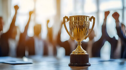 Shiny golden trophy displayed on table with blurred background of business team raising hands, symbolizing corporate success, leadership achievement, recognition, and career opportunity.
