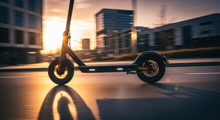 Fast moving scooter blurred in urban setting with sunset glow