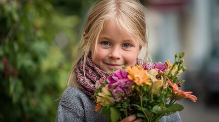 Naklejka premium A young girl with long blonde hair is smiling while holding a bouquet of bright flowers close to her. She stands outdoors surrounded by greenery and a blurred background.