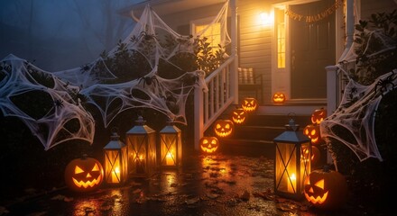 Halloween night scene with lit pumpkins lanterns spiderwebs adorning a porch