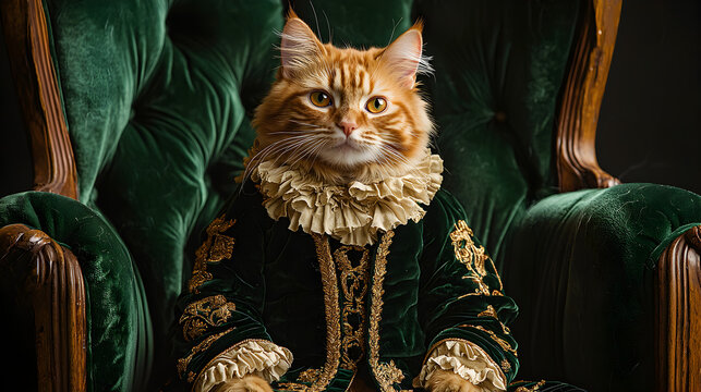 Orange tabby cat wearing Victorian era costume with ruffles and velvet, seated proudly on green velvet chair, whimsical animal aristocrat portrait combining humor, elegance and royal distinguished