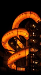 Long illuminated outdoor water slide with multiple twists and turns at night in an amusement park attraction