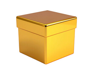 Gleaming golden gift box, closed and cube-shaped, isolated on black background