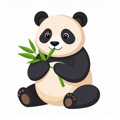 Fototapeta premium Cartoon panda sitting and holding bamboo leaves, ready to eat, isolated on a white background.
