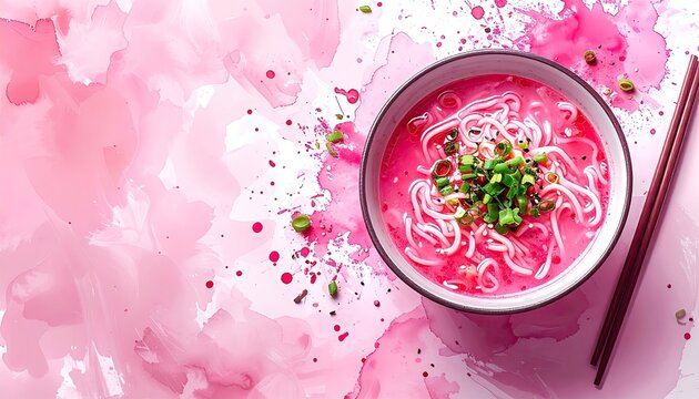 Pink ramen bowl, chopsticks, watercolor background - Powered by Adobe