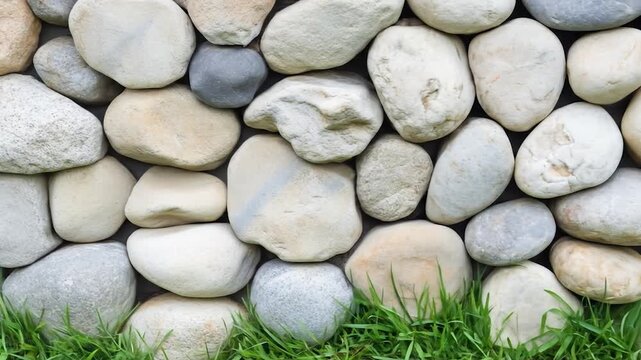 Smooth river stones wall texture with green grass natural background