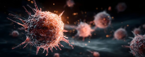 Microscopic view of aggressive spiky cells in dramatic red and orange lighting symbolizing disease or infection