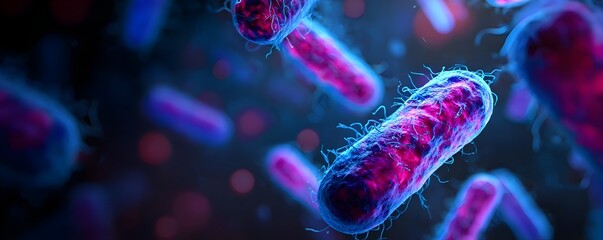 Microscopic view of vibrant blue and pink bacteria cells with flagella rendered in 3D against a dark abstract background