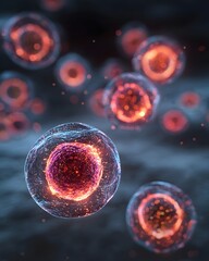Microscopic view of glowing spherical cells symbolizing biology and future research