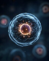 Detailed microscopic view of a glowing human cell with nucleus and organelles in scientific illust n