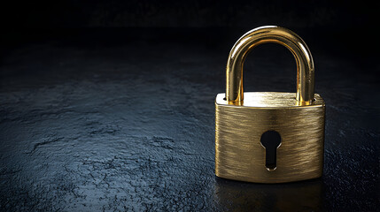 Naklejka premium Brass padlock on dark background, polished golden metal design with visible keyhole detail, representing secure access, privacy, confidentiality, safety and strong protection in security concepts