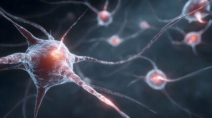 Close up of glowing neurons with electrical impulses firing between them representing neural connections