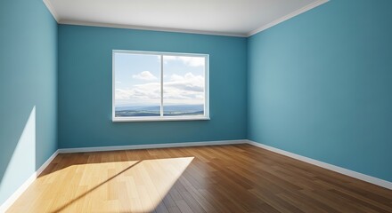 Obraz premium Minimalist interior with blue walls, window view and wooden floorboards