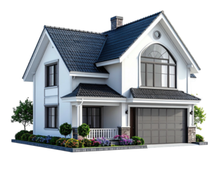 Two-story white home with dark roof, arched window, and garage