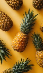 A vibrant flat lay arrangement of whole ripe pine s on a bright yellow background