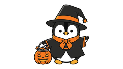 Halloween Penguin: A charming penguin is prepared to welcome the spooky season, donned in a witch's hat, attire, and armed with a trick-or-treat pumpkin basket.