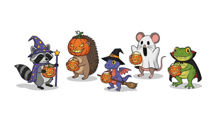 Spooky Halloween Creatures: A charming cartoon depiction of various adorable animals dressed up for Halloween, holding pumpkin lanterns, and embodying the playful spirit of the holiday.