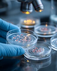 Scientist s hand in blue glove holding petri dish with cell culture laboratory setting with microscope