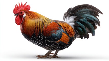 Fototapeta premium Vibrant Rooster: A majestic rooster displays its vibrant plumage with its characteristic red comb standing proud in a close-up, capturing the vivid colors and intricate details.