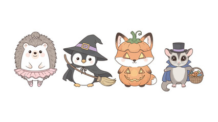 Halloween's Cuteness: Adorable cartoon animals, from a hedgehog to a sugar glider, dressed up in charming Halloween costumes, inviting joy and fun.
