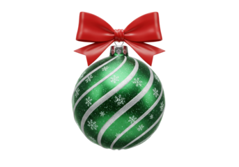 Isolated green Christmas ornament with sparkling silver glitter stripes and delicate snowflakes adorned with a vibrant red bow festive holiday decoration