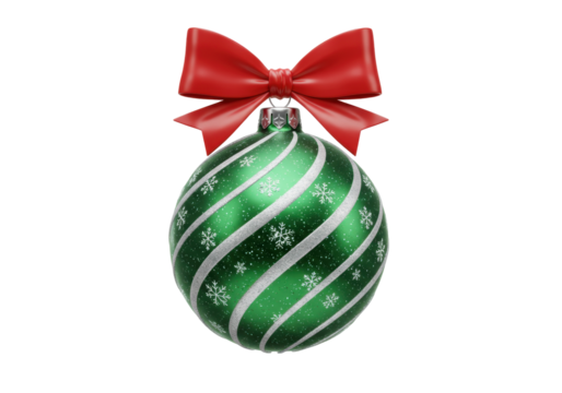 Isolated green Christmas ornament with sparkling silver glitter stripes and delicate snowflakes adorned with a vibrant red bow festive holiday decoration