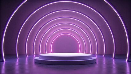 Obraz premium Abstract futuristic scene featuring a glowing purple neon archway tunnel and an empty product display podium