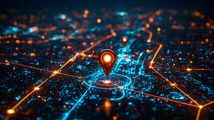 Digital transportation concept map with AI markers along delivery routes, modern logistics visualization for urban smart cities, pinpoint accuracy, eco friendly shipping and innovative future networks