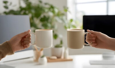 Symmetrical framing focusing on the space between two coworkers. They are clinking their coffee cups together in a casual cheers moment.