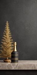 Celebratory champagne with slender golden christmas tree elegant table setting minimalist design cozy atmosphere