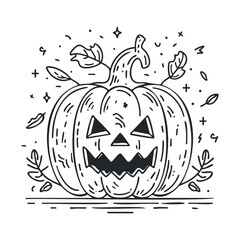 Halloween pumpkin with playful face and autumn leaves. Vector hand drawn illustration