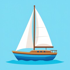 Fototapeta premium Illustration of a blue and brown sailboat with white sails on a blue sea.