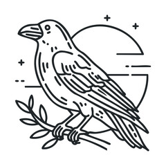 Raven perched on branch with moon and stars in the desert. Vector line illustration