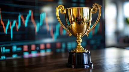 Elegant gold trophy cup placed on wooden desk in front of rising financial graph, representing sales performance, career recognition, business success, corporate achievement and professional victory
