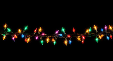Thick twisted string of classic multicolor christmas lights, festive holiday decoration overlay isolated on pure black background for design