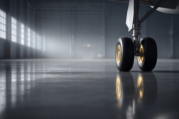 Wide airplane landing gear assembly on reflective floor industrial hangar photography dimly lit environment