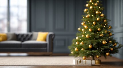 Cozy christmas celebration with a realistic tree luxurious living room holiday decor warm ambiance festive atmosphere