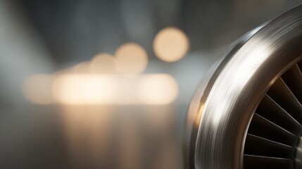 Dynamic close-up of airplane engine rotor industrial facility high-quality image polished metal macro view aviation engineering